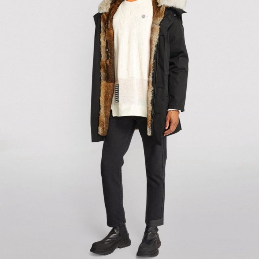TIENFOOK Men Long Parka Jacket Winter Coat Drawstring Waist Thicken Fur Hood NEW